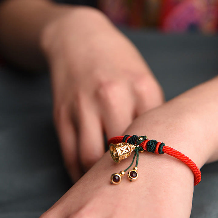 Buddha Stones 14K Gold Plated Copper Coin Bell Garnet Handcrafted Red Rope Bracelet