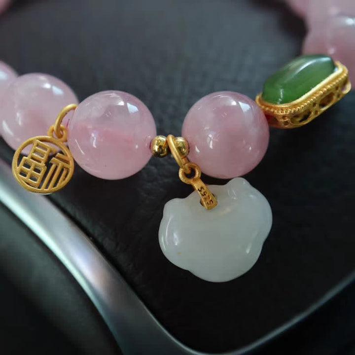 925 Sterling Silver Natural Madagascar Rose Quartz Hetian Jade Wish Lock Peace Bracelet