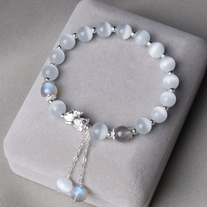 Buddha Stones Natural Cat's Eye Moonstone Strawberry Quartz PiXiu Support Bracelet