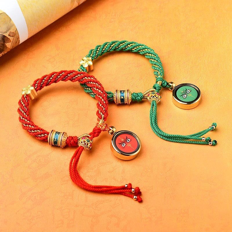 Tibet Handmade Five God Of Wealth Luck Thangka Amulet Prayer Wheel Flower Charm Weave String Bracelet