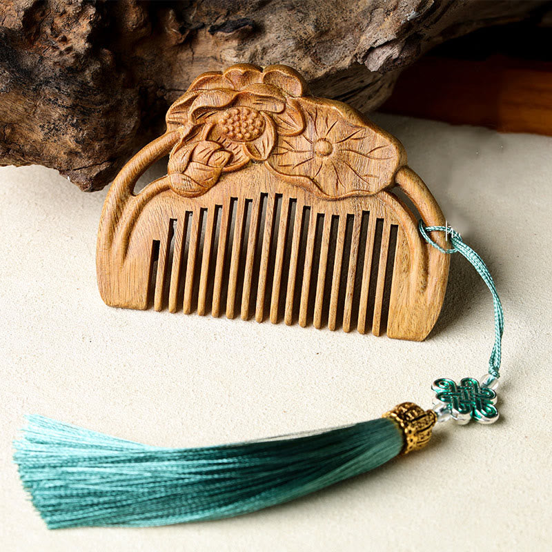 Natural Green Sandalwood Lotus Flower Leaf Engraved Soothing Comb