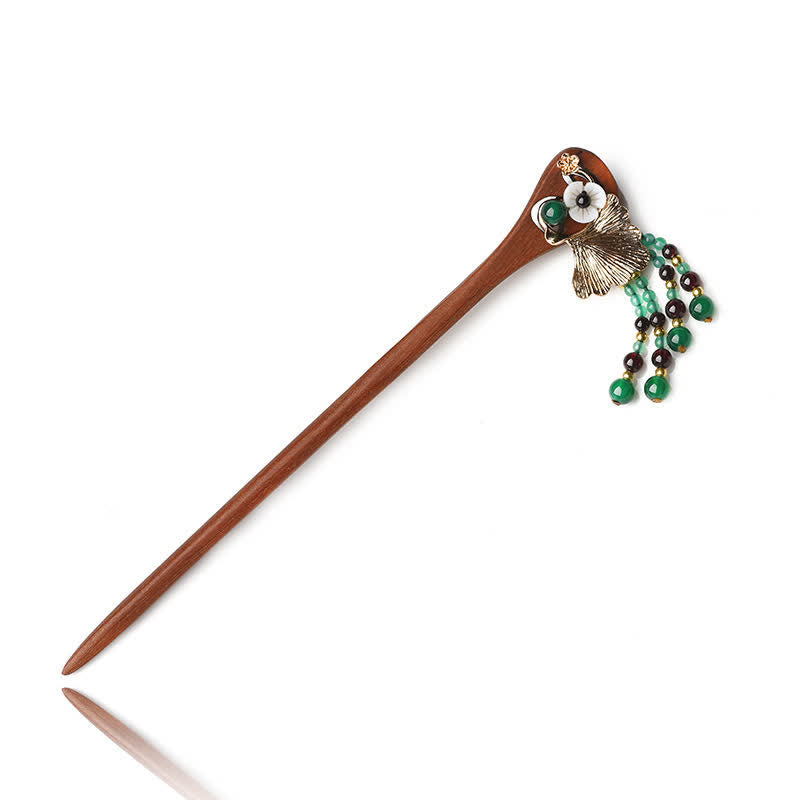 Red Sandalwood Green Agate Ginkgo Leaf Protection Hairpin