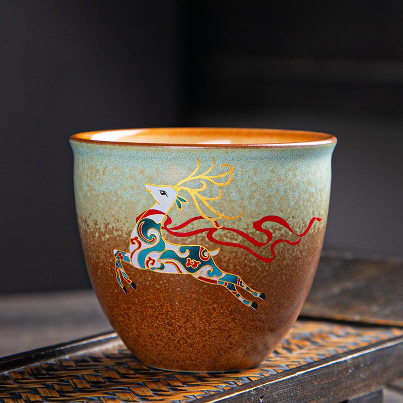 Buddha Stones Colorful Deer Pipa Snow Plum Blossoms Mountains Rivers Bird Ceramic Teacup Kung Fu Tea Cup Bowl