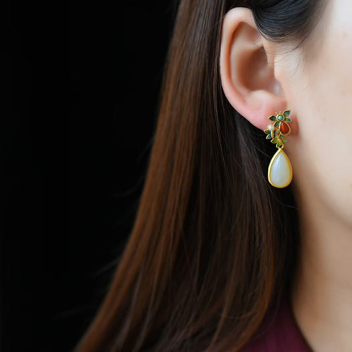 Buddha Stones Water Drop White Jade Red Agate Butterfly Protection Drop Dangle Earrings