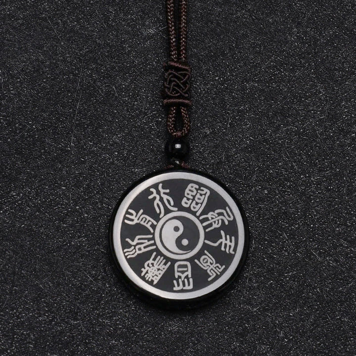 Buddha Stones Black Obsidian Taoism Five Sacred Mountains Nine-Character Mantra Carved Purification Yin Yang Necklace Pendant