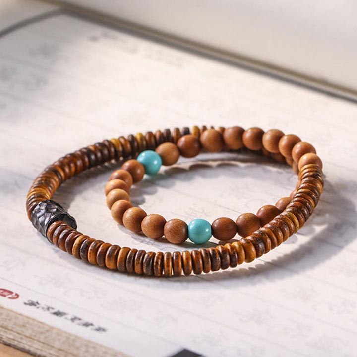 Buddha Stones Sandalwood Small Leaf Red Sandalwood Thuja Sutchuenensis Boxwood Turquoise Protection Double Wrap Bracelet