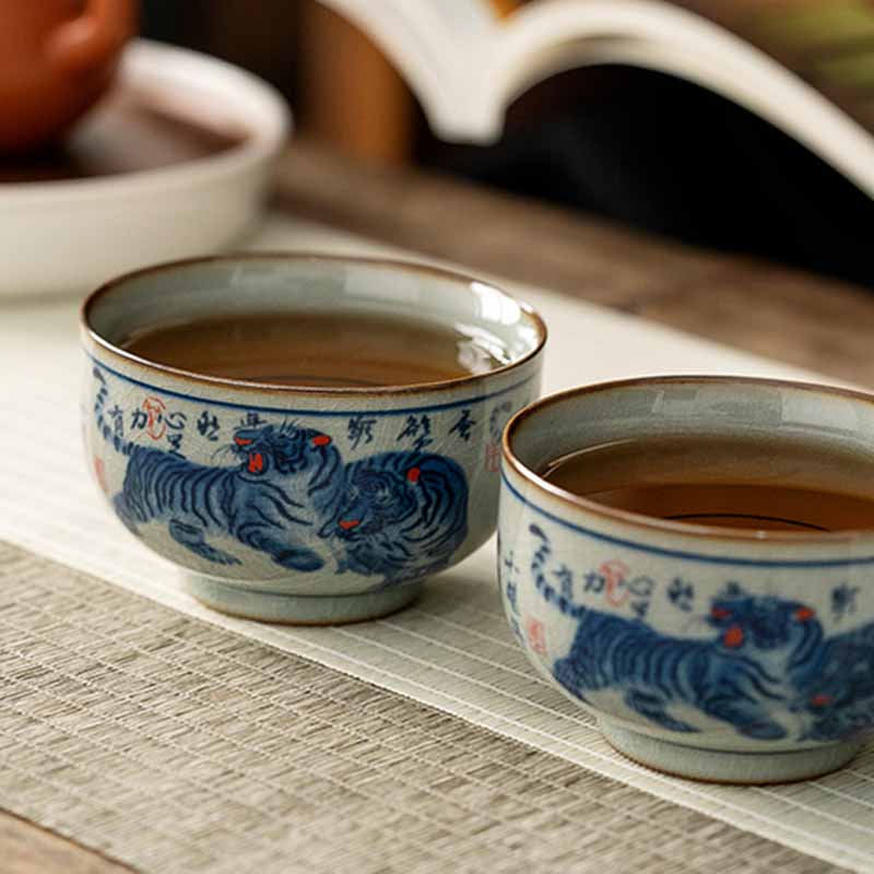 Buddha Stones Jingdezhen Hand Painted Cute Tiger Ceramic Teacup Kung Fu Tea Cup Bowl 140ml