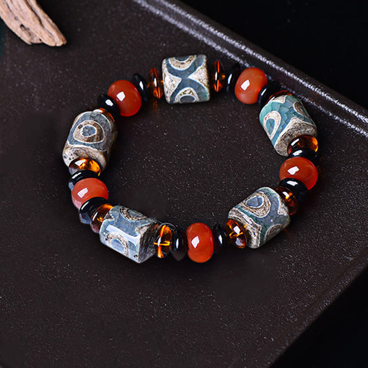 Buddha Stones Tibetan Three-eyed Dzi Bead Agate Protection Happiness Bracelet