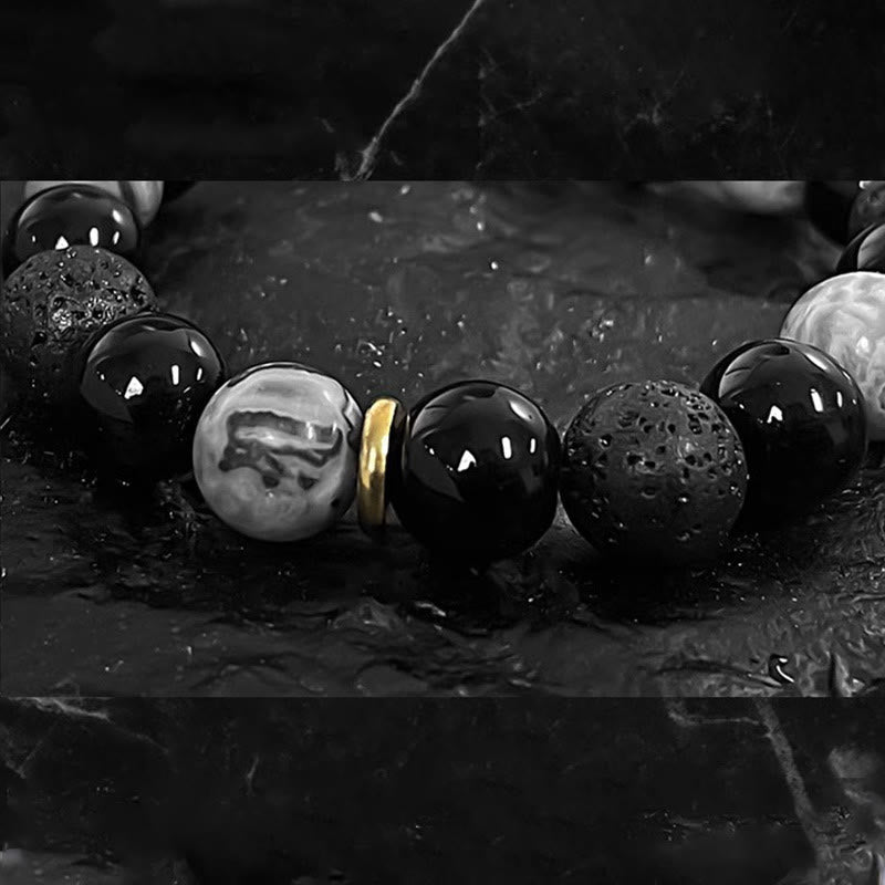 Buddha Stones Black Obsidian Lava Rock Stone Yin Yang Strength Bracelet