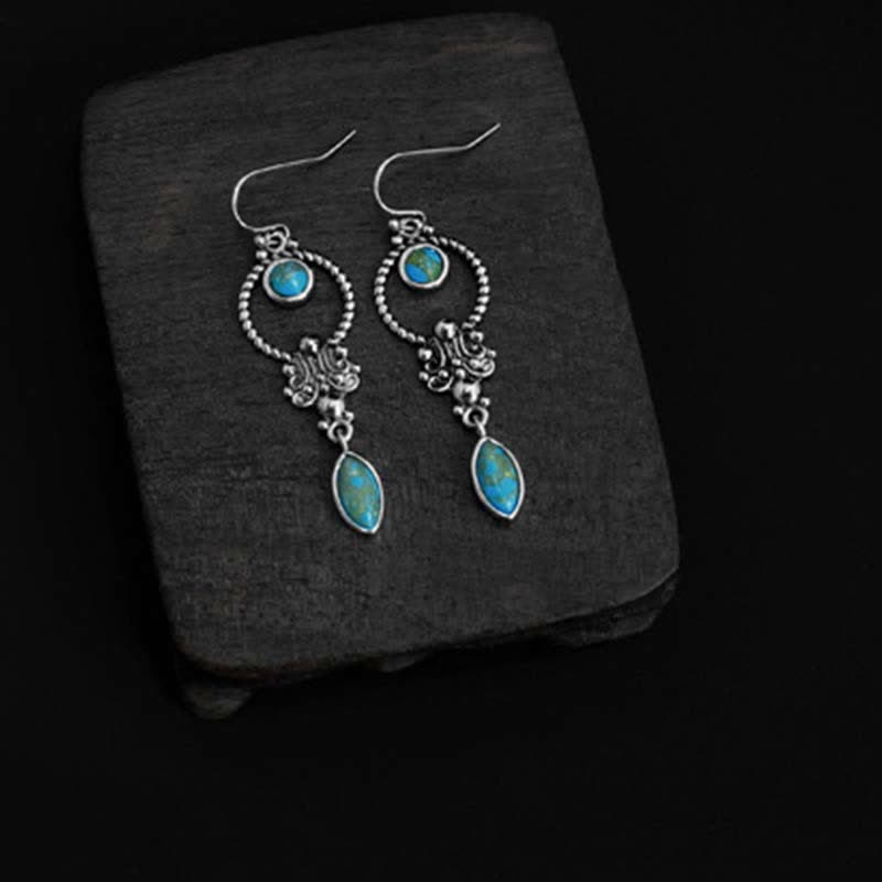 925 Sterling Silver Vintage Turquoise Waterdrop Pattern Balance Drop Dangle Earrings