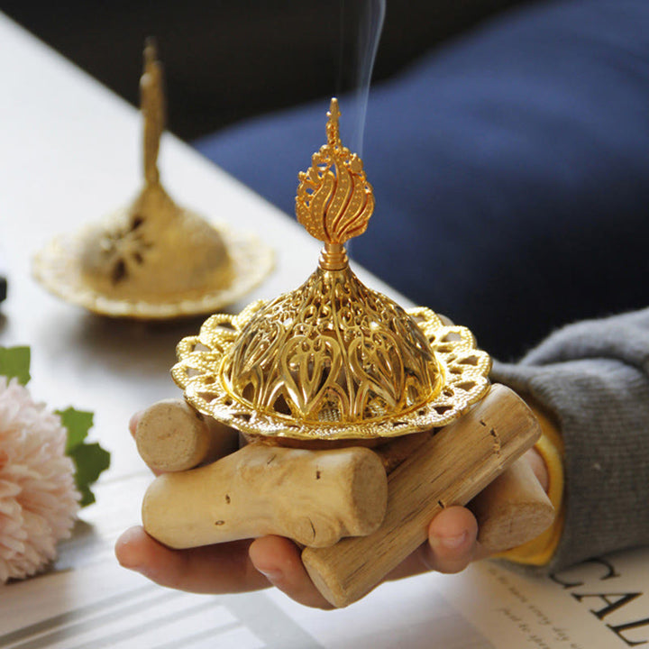 Gold Alloy Healing Mini Incense Burner With Wooden Coaster Home Decor