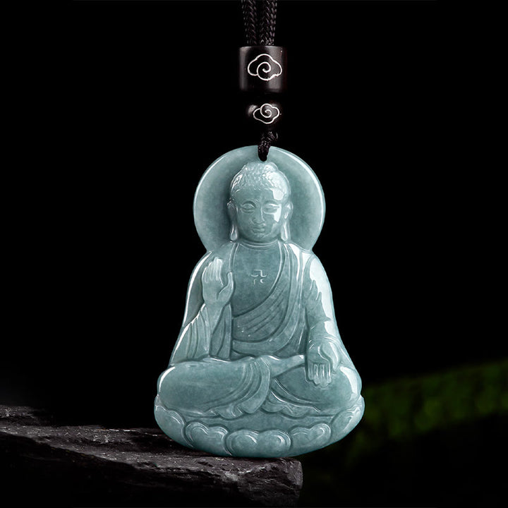 Buddha Stones Amitabha Buddha Natural Jade Lotus Amulet Compassion String Necklace Pendant