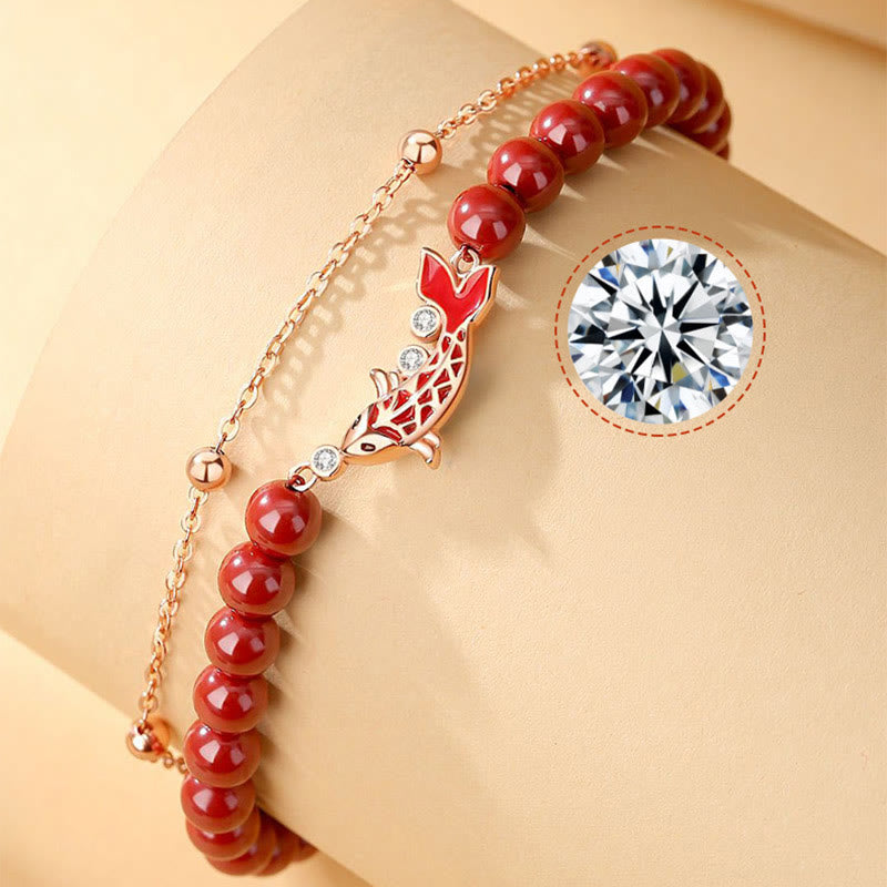 Buddha Stones 925 Sterling Silver Lucky Koi Fish Cinnabar Zircon Prosperity Double Layer Chain Bracelet