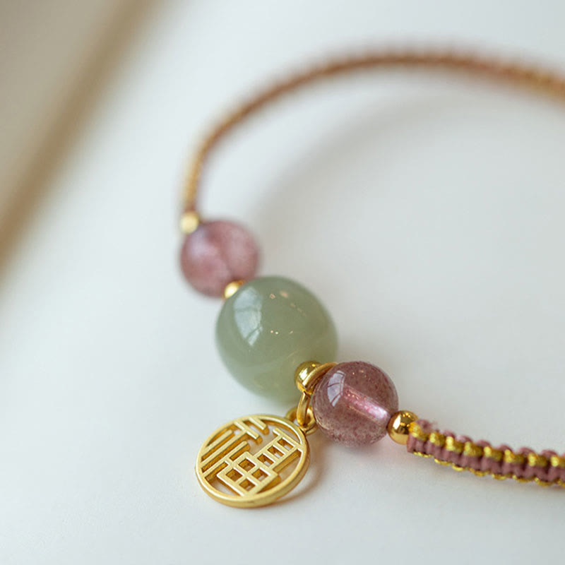 Buddha Stones Handmade Strawberry Quartz Hetian Jade Bead Fu Character Healing Bracelet