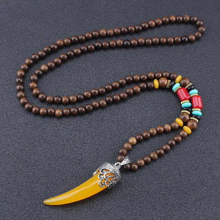 Wenge Wood Turquoise Stone Horn Style Protection Meditation Necklace Pendant