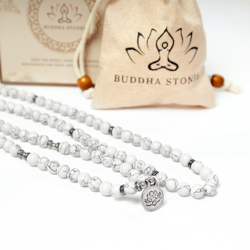 Buddha Stones White Turquoise Lotus Mala Healing Bracelet