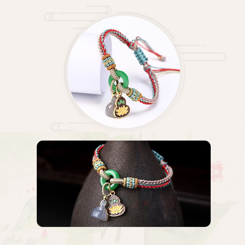 Buddha Stones Colorful Rope Chalcedony Lotus Jade Peace Buckle Harmony Gourd Charm Bracelet