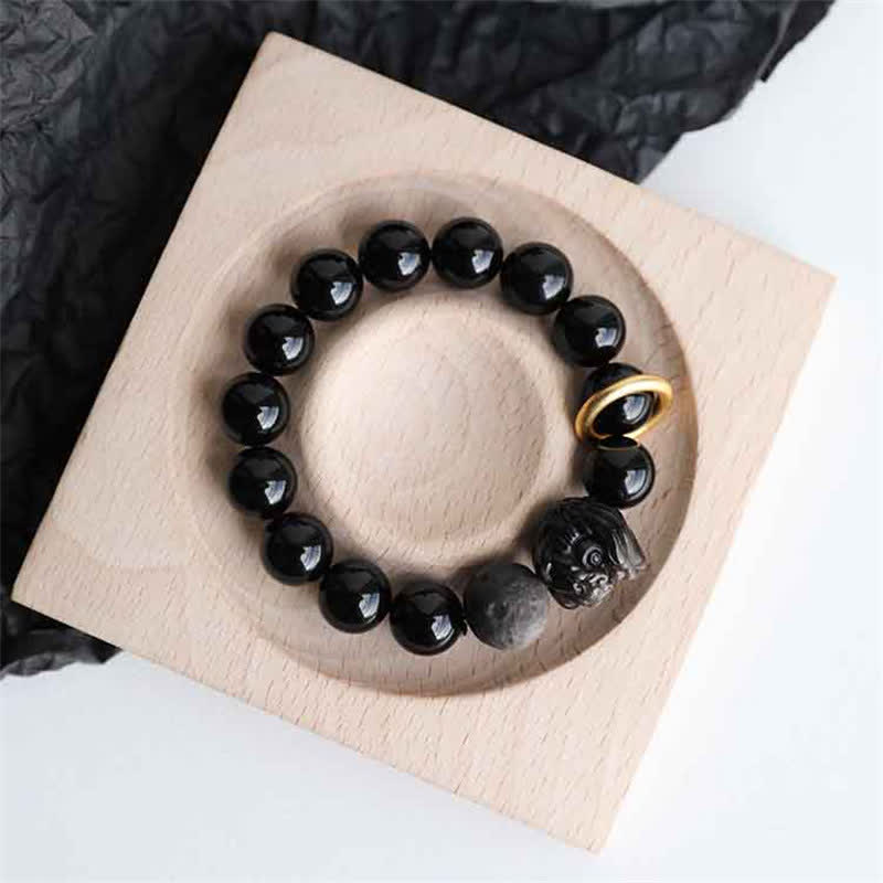 Black Obsidian Silver Sheen Obsidian Lion Strength Bracelet