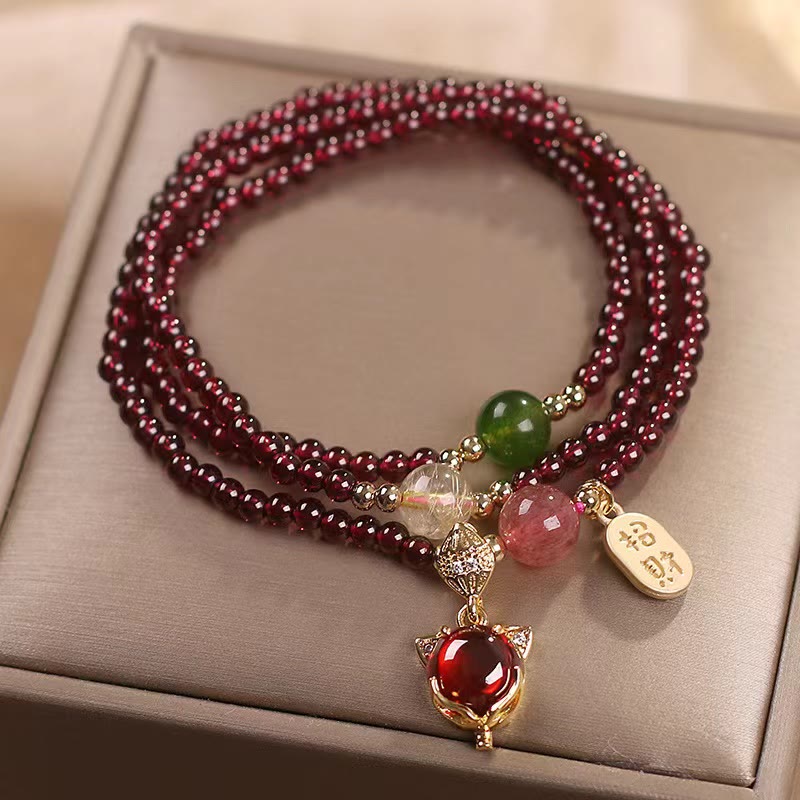 Buddha Stones Natural Garnet Strawberry Quartz Crystal Fox Koi Fish Peace Buckle Fortune Protection Triple Wrap Bracelet