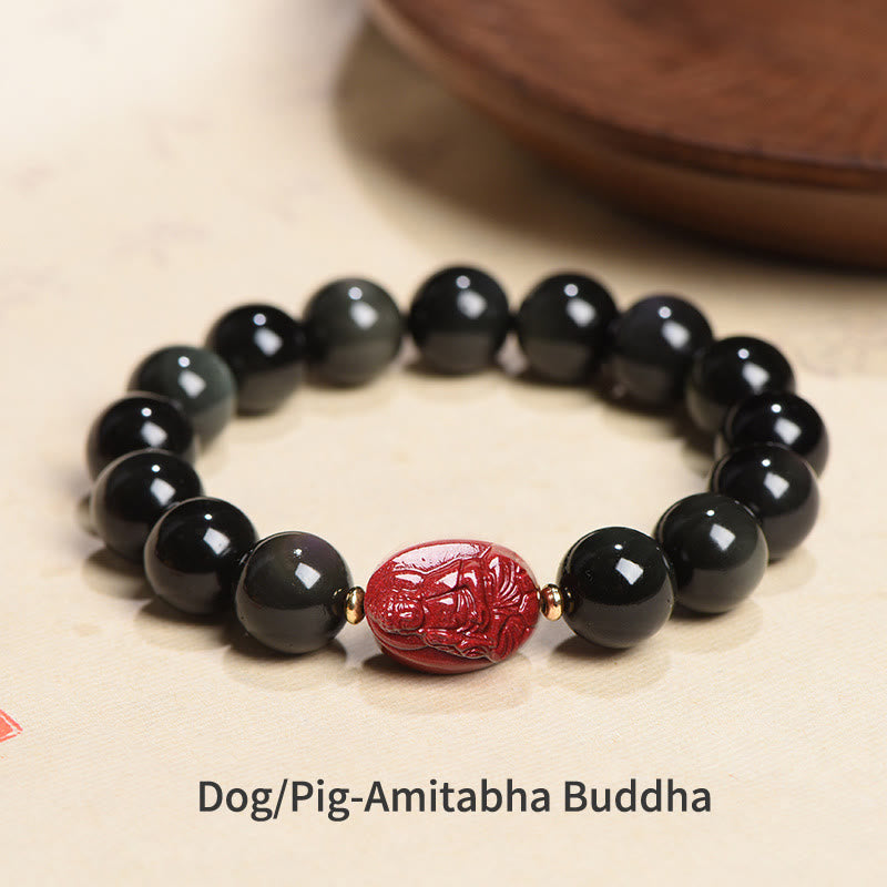 Buddha Stones Chinese Zodiac Natal Buddha Natural Black Obsidian Cinnabar Purification Bracelet