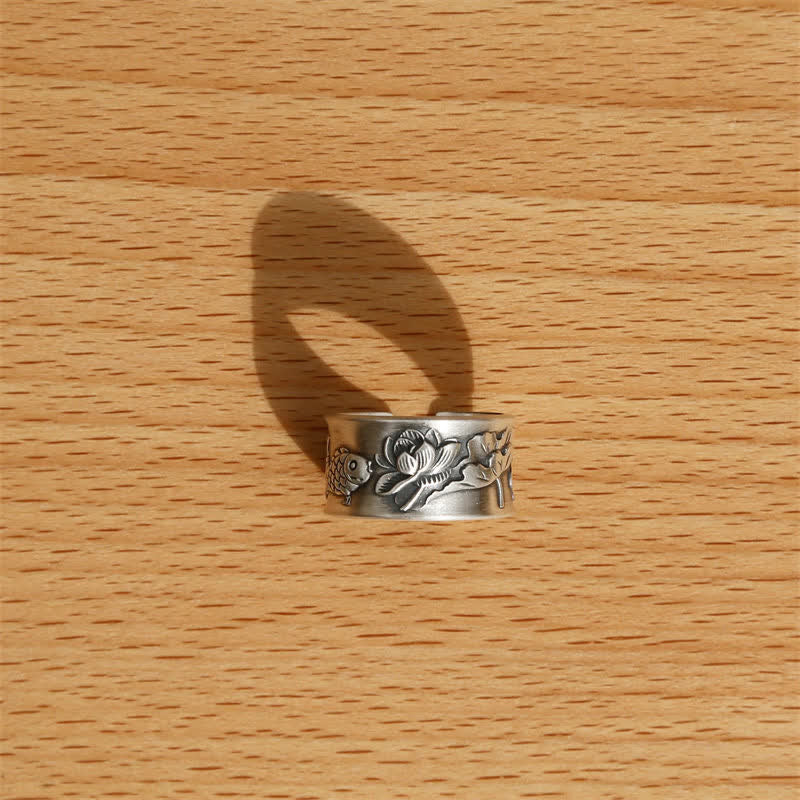 999 Sterling Silver Luck Koi Fish Lotus Heart Sutra Wealth Ring