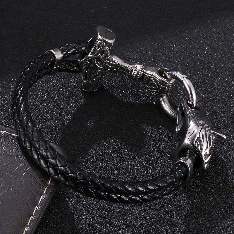 Buddha Stones Wolf Head Titanium Steel Leather Weave Blessing Bracelet