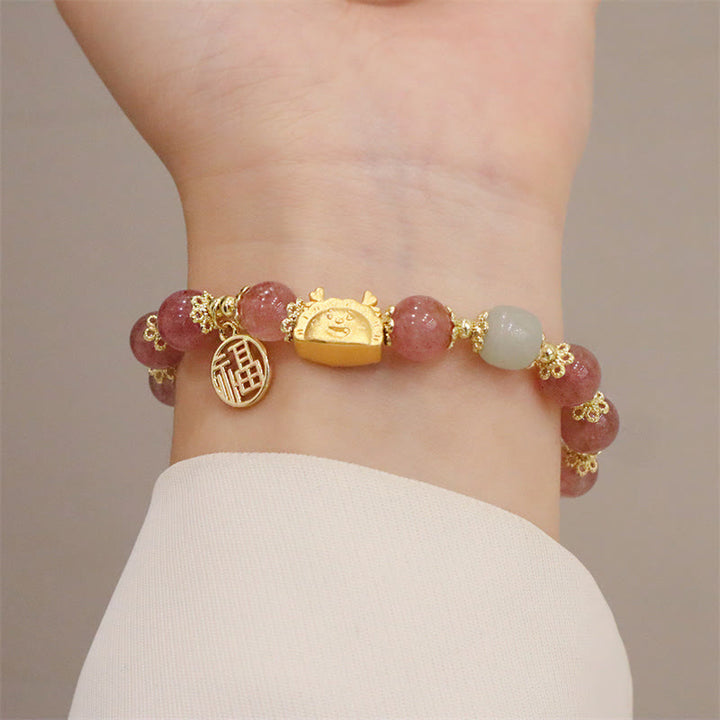 Buddha Stones Year Of The Dragon Red Agate Strawberry Quartz Black Obsidian Jade Garnet Pearl Cinnabar Dumpling Dragon Luck Fu Character Bracelet