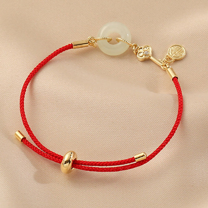 Buddha Stones 18K Gold Plated Hetian Jade Peace Buckle Fu Character Luck Red Rope Bracelet