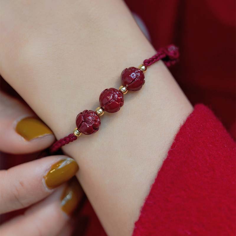 Buddha Stones Cinnabar Jade Lotus Calm Red String Weave Bracelet