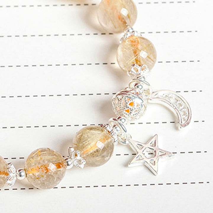 925 Sterling Silver Natural Citrine Happiness Moon Star Charm Bracelet