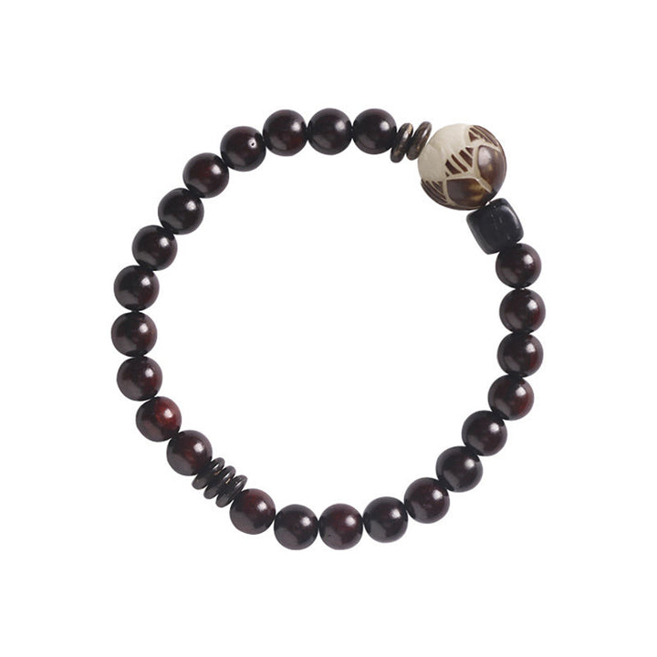 Buddha Stones Small Leaf Red Sandalwood Lotus Bodhi Seed Carved Protection Double Wrap Bracelet