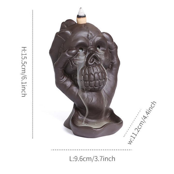 Buddha Stones Halloween Skull With Ghost Hand Purple Clay Spiritual Incense Burner Decoration