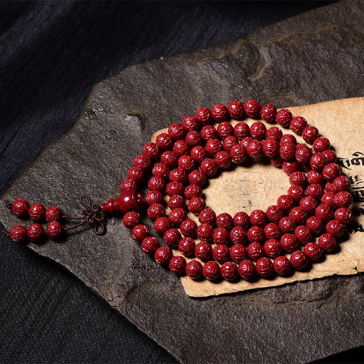 Buddha Stones 108 Mala Beads Cinnabar Om Mani Padme Hum Pattern Engraved Blessing Bracelet