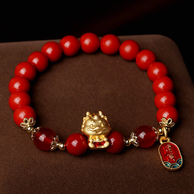 Buddha Stones Year of the Dragon Natural Cinnabar Ingot Protection Bracelet