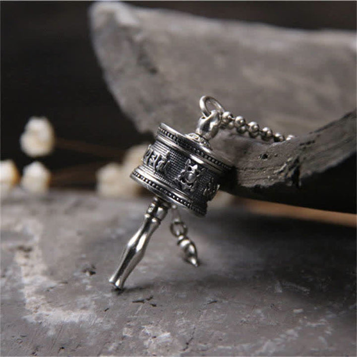 925 Sterling Silver Om Mani Padme Hum Prayer Wheel Purity Rotatable Necklace Pendant