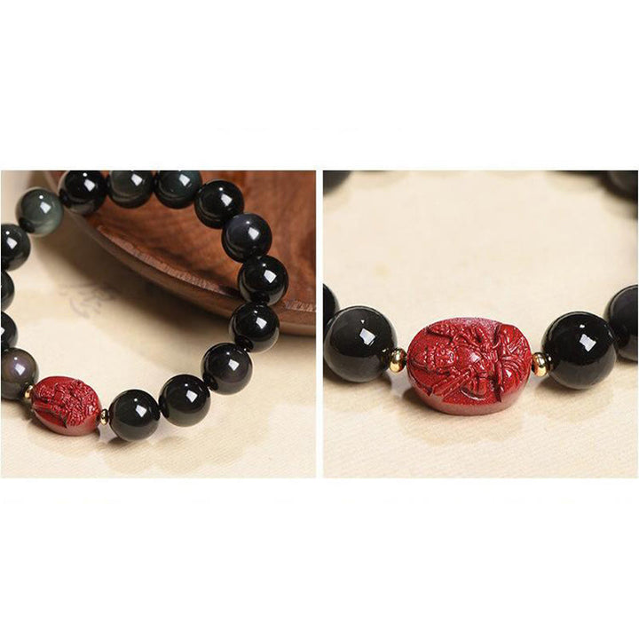 Buddha Stones Chinese Zodiac Natal Buddha Natural Black Obsidian Cinnabar Purification Bracelet