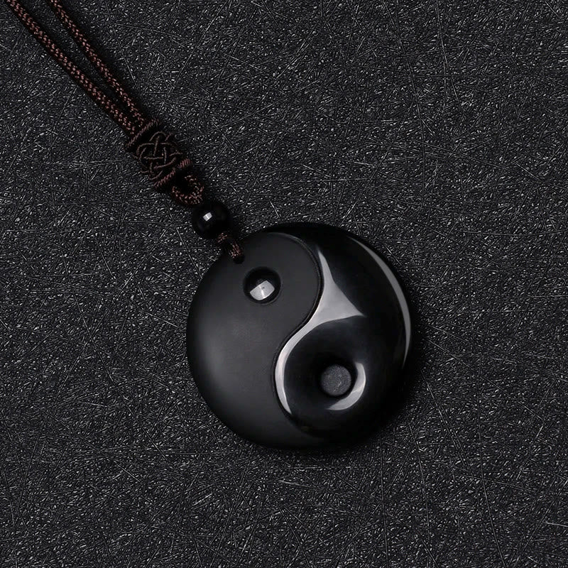 Buddha Stones Black Obsidian Taoism Five Sacred Mountains Nine-Character Mantra Carved Purification Yin Yang Necklace Pendant