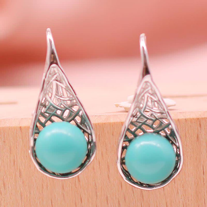 925 Sterling Silver Turquoise Beaded Pattern Protection Drop Dangle Earrings