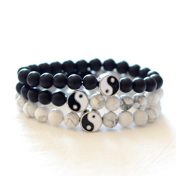 Buddha Stones 3pcs Natural White Turquoise Frosted Stone Bead Yin Yang Wealth Bracelet