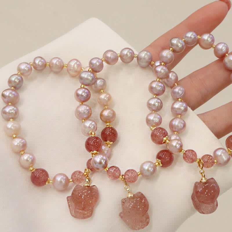 Buddha Stones Natural Pearl Strawberry Quartz Cute Fox Love Healing Charm Bracelet