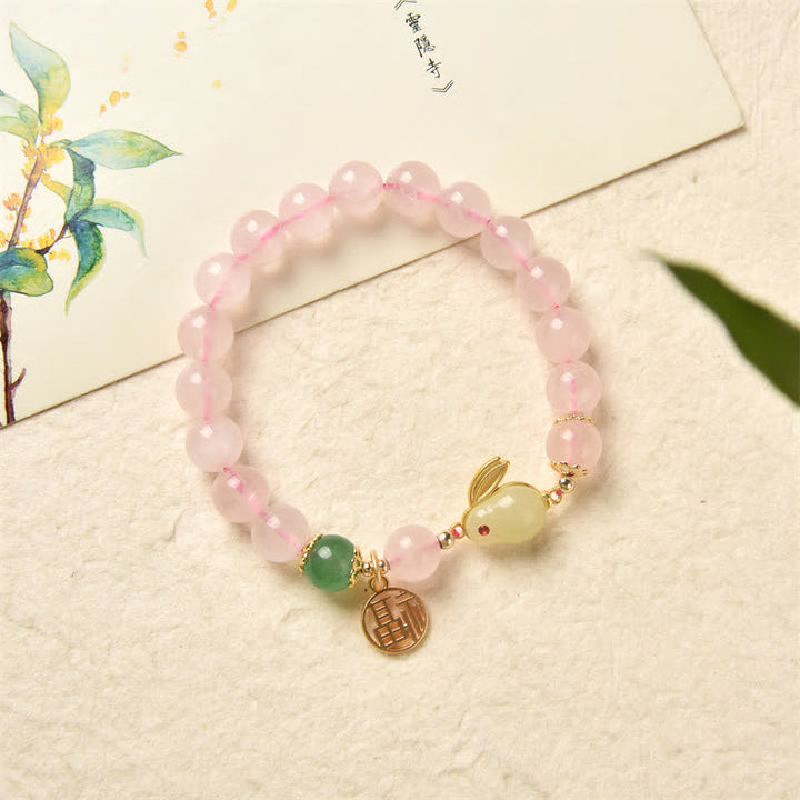 Year of the Rabbit Natural Pink Crystal Green Agate Bunny Love Happiness Bracelet