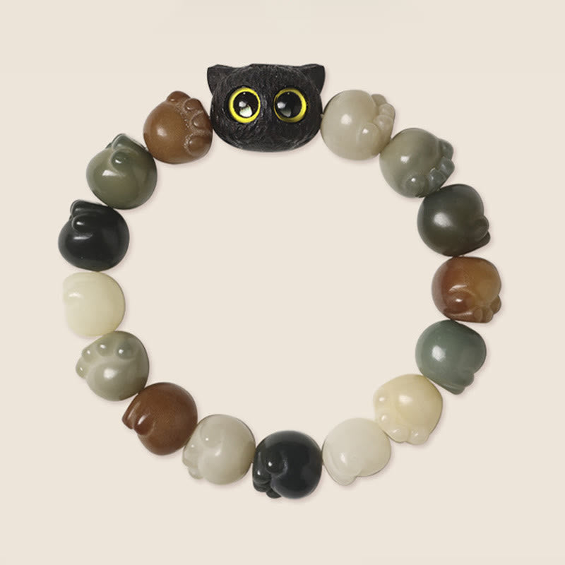 Buddha Stones Natural Bodhi Seed Lovely Paw Ebony Wood Lucky Cat Wisdom Bracelet