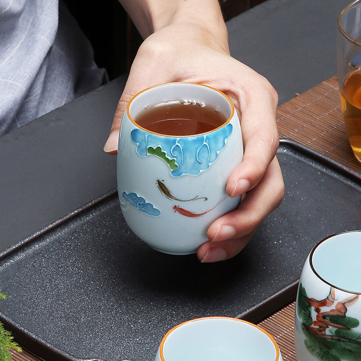 Buddha Stones Koi Fish Lotus Landscape Dandelion Peony Flower Ceramic Teacup Kung Fu Tea Cup