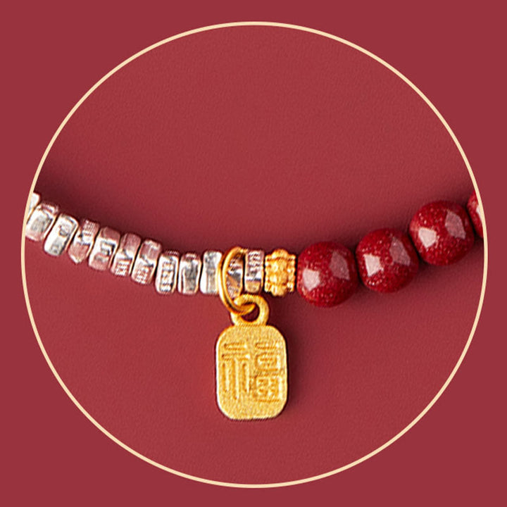 Buddha Stones 925 Sterling Silver Cinnabar Fu Character Blessing Bracelet