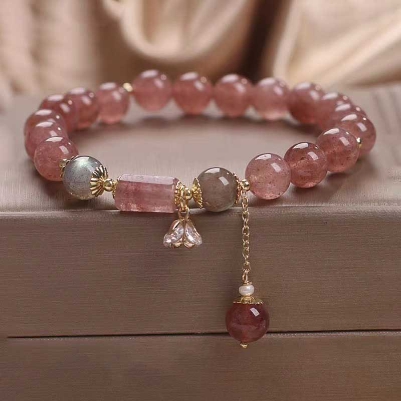 Buddha Stones Natural Strawberry Quartz Zircon Flower Positive Charm Bracelet