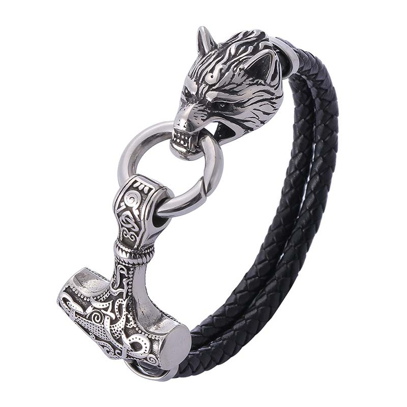 Buddha Stones Wolf Head Titanium Steel Leather Weave Blessing Bracelet