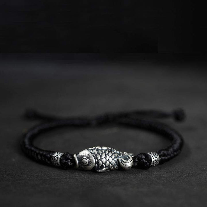 Buddha Stones Silver Luck Koi Fish Braided String Bracelet