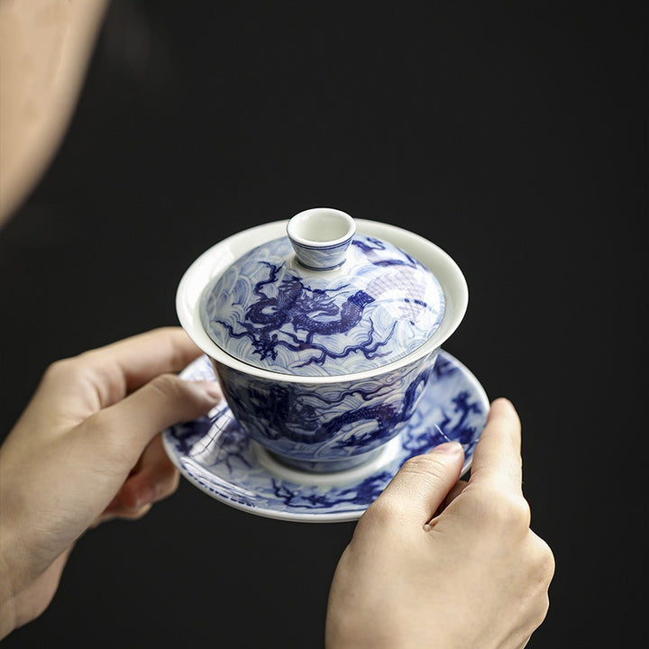 Buddha Stones Blue and White Dragon Pattern Porcelain Gaiwan Sancai Teacup Kung Fu Tea Cup And Saucer With Lid