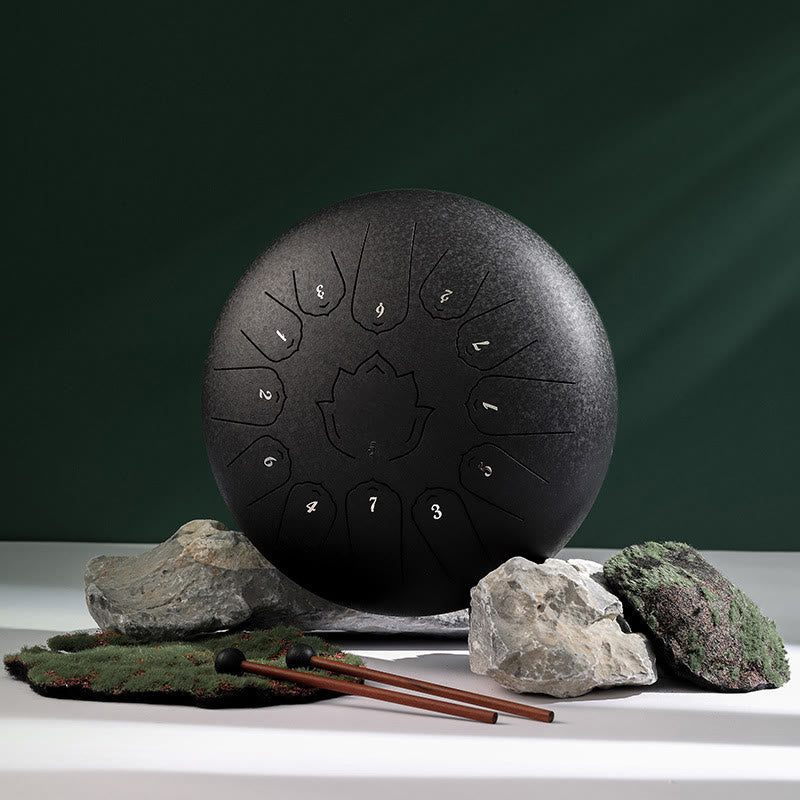 Buddha Stones Steel Tongue Drum Sound Healing Mindfulness Lotus Pattern Yoga Drum Kit 13 Note 12 Inch Percussion Instrument