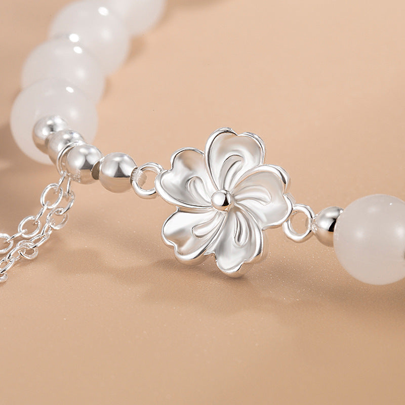 FREE Today: Bring Good Fortune White Jade Peach Blossom Petals Flower Luck Bracelet